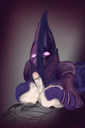  big_breasts big_penis black_nipples breast_play breasts chaos_priestess clothing dark davis91 duo female for_the_king genitals gloves gradient_background handwear hi_res human male male/female mammal mitten_gloves nipples not_furry penis priest purple_eyes sex simple_background titjob 