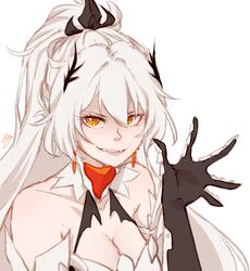  bad_end bare_shoulders breasts cleavage cloud_ya commentary cosplay english_commentary fangs female hair_ornament honkai_(series) honkai_impact_3rd kiana_kaslana kiana_kaslana_(herrscher_of_flamescion) kiana_kaslana_(herrscher_of_flamescion)_(cosplay) kiana_kaslana_(herrscher_of_the_void) looking_at_viewer ponytail upper_body waving white_hair yellow_eyes 