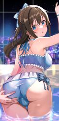  artistic_error ass ass_grab bikini blue_bikini blue_eyes blush bow brown_hair commentary female from_behind grabbing_own_ass hair_between_eyes hair_ornament hairbow highres long_hair looking_at_viewer love_live! love_live!_nijigasaki_high_school_idol_club odaiba_beach_girl_(love_live!) open_mouth osaka_shizuku paid_reward_available ponytail poolside ribbon shiitake_taishi solo swimsuit thighhighs trefoil waist_bow water wrong_hand 