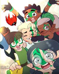  2boys 3girls black_hair blonde_hair blue_hair brown_hair dark-skinned_female dark-skinned_male dark_skin flapjack_(the_owl_house) glasses gloves grey_background gus_porter hunter_(the_owl_house) multiple_boys multiple_girls pointy_ears round_eyewear skara_(the_owl_house) smile su_ggushi the_owl_house tooth_gap viney_(the_owl_house) willow_park 