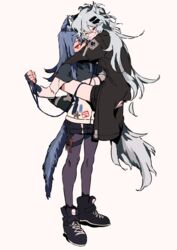  2girls absurdres animal_ear_fluff animal_ears arknights black_footwear black_jacket black_shorts blue_hair boots closed_eyes closed_mouth commentary fingerless_gloves from_side full_body gloves grey_gloves grey_hair grey_legwear hair_between_eyes hair_ornament hairclip highres holding holding_leash holding_person hug jacket lappland_(arknights) leash long_hair long_jacket long_sleeves looking_at_viewer matumot messy_hair multiple_girls pantyhose red_eyes scar scar_across_eye scar_on_face shoelaces short_shorts shorts simple_background smile standing star_(symbol) tail texas_(arknights) very_long_hair white_background white_jacket wolf_ears 