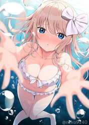  bikini bikini_skirt blonde_hair blue_eyes blush breasts bubble cleavage female frilled_bikini frills hair_ornament halterneck large_breasts long_hair looking_at_viewer nekokobushi ocean original side-tie_bikini_bottom solo string_bikini swimsuit underwater white_bikini 