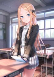  abigail_williams_(fate) alternate_costume black_bow black_jacket blazer blonde_hair blue_eyes blush bow braid chair collared_shirt commentary_request contemporary desk dress_shirt fate/grand_order fate_(series) female forehead hairbow highres indoors jacket kachayori long_hair long_sleeves looking_at_viewer open_clothes open_jacket orange_bow parted_bangs parted_lips plaid plaid_skirt pleated_skirt polka_dot polka_dot_bow school_chair school_desk school_uniform shirt skirt smile solo striped striped_bow very_long_hair white_bow white_shirt white_skirt 