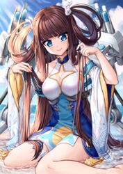  bare_legs bare_shoulders beach blue_dress blue_eyes blue_oath blush breasts brown_hair china_dress chinese_clothes cleavage cleavage_cutout closed_mouth clothing_cutout commentary day detached_sleeves dress english_commentary female hair_ornament hair_rings highres long_hair long_sleeves medium_breasts ocean outdoors pattikou pelvic_curtain ping_hai_(blue_oath) rabbit_hair_ornament rigging short_dress sitting smile solo tassel thigh_strap water wide_sleeves 