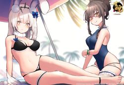  2girls :t animal_ears ankleband barefoot beni_shake bikini black_bikini blue_one-piece_swimsuit breasts bridal_garter bright_pupils brown_eyes brown_hair cleavage commentary_request covered_navel earrings glasses hair_ornament highleg highleg_swimsuit highres jewelry kaavi lens_flare long_hair looking_at_viewer mahjong_soul medium_breasts multi-strapped_bikini multiple_girls ninomiya_hana official_art one-piece_swimsuit pom_pom_(clothes) pom_pom_hair_ornament pout pouty_lips rabbit_ears red-framed_eyewear sidelocks sitting smile strap_gap swimsuit tiara white_hair white_pupils yellow_eyes 