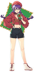  absurdres alternate_costume beret black_shorts boots braid brown_eyes commentary_request contemporary crop_top drinking drinking_straw female freckles full_body glasses hand_on_own_hip hat highres hood hooded_sweater hoodie long_hair looking_at_viewer midriff murata_tefu purple_hair red_hat red_sweater ri_kouran sakura_taisen shorts solo suspenders sweater twin_braids white_background white_footwear 