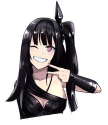  architect_(girls&#039;_frontline) black_dress black_hair breasts cleavage dress female girls&#039;_frontline grin long_hair looking_at_viewer medium_breasts nail_polish one_eye_closed one_side_up pink_nails purple_eyes reizo_ne sangvis_ferri smile solo upper_body v white_background 