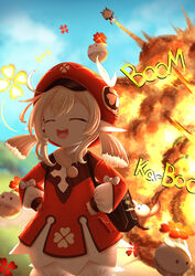  :d ^_^ absurdres ahoge ayayayume backlighting backpack bag bag_charm bloomers blue_sky blurry brown_gloves brown_scarf cabbie_hat charm_(object) closed_eyes cloud cloudy_sky clover_print coat commentary depth_of_field dodoco_(genshin_impact) english_text explosion explosion_gag female genshin_impact gloves hair_between_eyes hands_on_own_hips hat hat_feather hat_ornament highres hilichurl_(genshin_impact) jumpy_dumpty klee_(genshin_impact) laughing light_brown_hair long_hair long_sleeves looking_at_viewer low_twintails open_mouth pocket pointy_ears randoseru red_coat red_headwear scarf sidelocks sky smile twintails underwear 