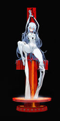  absurdres alternate_hair_length alternate_hairstyle angel_(evangelion) ayanami_rei black_background blackcat_enjia blue_hair bodysuit breasts chinese_commentary closed_mouth commentary cross crucifixion cuffs disembodied_hand english_commentary evangelion:_3.0+1.0_thrice_upon_a_time female frown groin hair_between_eyes handcuffs highres holding_another&#039;s_leg impaled interface_headset light_blue_hair lilith_(evangelion) long_hair looking_at_viewer medium_breasts mixed-language_commentary neon_genesis_evangelion no_shoes pilot_suit plugsuit rebuild_of_evangelion red_eyes science_fiction shackles signature simple_background solo very_long_hair white_bodysuit 