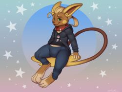  3_toes 4:3 4_fingers alolan_form alolan_raichu anthro black_clothing black_shirt black_topwear blonde_hair blue_bottomwear blue_clothing blue_jeans blue_pants bottomwear brown_body brown_fur bulge ceanoth claws clothed clothing collar delta_rune_(emblem) denim denim_bottomwear denim_clothing digital_media_(artwork) dreiker feet fingers floating fur generation_7_pokemon green_eyes hair hi_res hoodie hoodie_vest jeans long_ears long_hair looking_at_viewer male mammal nintendo pants pokemon pokemon_(species) ponytail red_collar regional_form_(pokemon) shirt shy simple_background smile solo symbol tail toes topwear undertale undertale_(series) yellow_body yellow_fur 