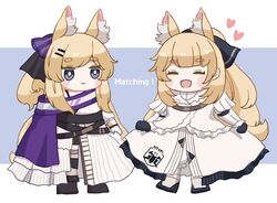  2girls :d animal_ear_fluff animal_ears arknights aunt_and_niece black_bow black_footwear black_gloves blemishine_(arknights) blemishine_(elite_ii)_(arknights) blonde_hair blue_background blush_stickers bow cape chibi dress english_text gloves hair_ornament hairbow hairclip happy heart highres horse_ears horse_girl horse_tail long_hair multiple_girls open_mouth ponytail purple_bow purple_cape shirt shoes sidelocks simple_background skirt_hold smile someyaya striped striped_bow tail thick_eyebrows two-tone_background very_long_hair whislash_(arknights) whislash_(glory_purple)_(arknights) white_background white_dress white_shirt 