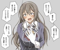  ashigara_(kancolle) ashigara_kai_ni_(kancolle) breasts brown_eyes brown_hair commentary confession elbow_gloves fangs female gloves grey_background hairband hand_on_own_chest highres kantai_collection kirisaki_seeker large_breasts long_hair looking_at_viewer military military_uniform open_mouth simple_background solo teeth translated uniform wavy_hair white_gloves 