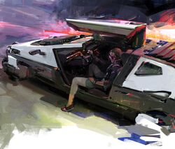  brown_hair car dark-skinned_female dark_skin delorean female gullwing_doors highres john_liberto looking_to_the_side medium_hair motor_vehicle original science_fiction sitting solo sunglasses vehicle_focus 