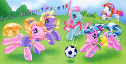  2007 action_pose ball blonde_hair blonde_mane blue_eyes blue_hair blue_mane blue_tail braided_hair braided_mane braided_ponytail cupcake_(g3) daisyjo detailed_background equid equine female feral flag flower grass green_body green_eyes group hair hasbro horse lyn_fletcher mammal mane minty_(mlp) mlp_g3 multicolored_hair multicolored_mane multicolored_tail my_little_pony my_little_pony_(2003) outside pink_hair pink_mane plant pony ponytail pose purple_body purple_eyes smile soccer_ball sport sunny_daze_(pre-g4) sweet_breeze tail visor white_body yellow_tail 