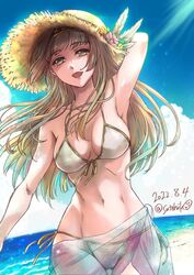  alicia_(valkyrie_profile_2) beach bikini blonde_hair breasts female flower green_eyes hat long_hair navel outdoors straw_hat summer sutehiko swimsuit valkyrie_profile_(series) valkyrie_profile_2:_silmeria 