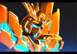  absurdres glowing glowing_eyes gundam gundam_narrative highres lights looking_afar mecha no_humans robot science_fiction seibi_hanchou solo space star_(symbol) unicorn_gundam_phenex v-fin yellow_eyes 