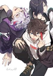  3boys 6tnut9 akanbe artist_name black_hair brown_hair brown_jacket commentary_request eyelid_pull fuwa_minato green_eyes grey_eyes hand_on_own_leg hood hooded_jacket hooded_shirt jacket long_sleeves looking_at_viewer majors_(nijisanji) male_focus mayuzumi_kai multicolored_hair multiple_boys nijisanji open_mouth pants purple_eyes purple_hair purple_jacket red_hair saegusa_akina shirt shoes short_hair signature streaked_hair tongue tongue_out virtual_youtuber white_background white_hair white_shirt 