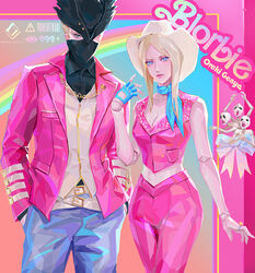  1boy 3others barbie_(character) barbie_(character)_(cosplay) barbie_(franchise) blonde_hair bloodborne blue_scarf cosplay crop_top doll_joints female fingerless_gloves gloves hat highres hunter_(bloodborne) jacket jewelry joints ken_(barbie) ken_(barbie)_(cosplay) looking_at_viewer mask messengers_(bloodborne) midriff mouth_mask multiple_others oreki_genya pink_jacket plain_doll ring scarf single_fingerless_glove tricorne 