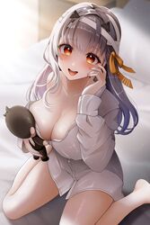  bandaged_head bandages bare_legs barefoot blush breasts character_doll cleavage collared_shirt doll dress_shirt female from_above goddess_of_victory:_nikke grey_hair hair_between_eyes hair_ribbon highres holding holding_doll large_breasts long_hair looking_at_viewer milmil7 modernia_(first_affection)_(nikke) modernia_(nikke) no_bra off_shoulder official_alternate_costume open_mouth red_eyes ribbon shirt single_hair_intake sitting smile solo white_shirt wing_collar yellow_ribbon 