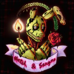  1:1 2021 animatronic anthro black_background blood bodily_fluids bust_portrait english_text five_nights_at_freddy&#039;s five_nights_at_freddy&#039;s_3 flower hands_crossed hi_res holding_flower holding_matchstick holding_object holding_rose lagomorph leporid machine male mammal matchstick music plant portrait rabbit robot rose_(flower) scottgames simple_background solo song springtrap_(fnaf) teeth text tunk_saray_lovesta wire 