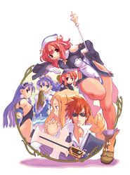  2boys 4girls absurdres alouette_(la_pucelle) aqua_eyes black_leotard blonde_hair blue_eyes braid breast_press breasts brother_and_sister brown_gloves cigarette clothing_cutout croix_raoul cross culotte dark_eclair dark_persona dual_persona earrings eclair_(la_pucelle) energy_blade gloves gun hairband hand_on_own_hip handgun hat highleg highleg_leotard highres hip_focus holding holding_gun holding_scepter holding_sword holding_weapon huge_breasts interlocked_fingers jewelry juliet_sleeves la_pucelle large_breasts legs leotard lolita_hairband long_hair long_sleeves looking_at_viewer multiple_boys multiple_girls non-web_source official_art own_hands_together pantyhose pink_hair popped_collar praying prier profile puffy_sleeves purple_hair red_eyes red_hair ryoji_(nomura_ryouji) scepter short_hair shoulder_cutout siblings sideboob simple_background smile sunglasses sword weapon white_background white_gloves 