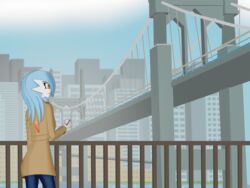  2021 4:3 alyx_(cobra0281) blue_hair bridge building clothing coat cobra0281 detailed_background female gardevoir generation_3_pokemon hair hi_res nintendo not_furry orange_eyes pokeball pokemon pokemon_(species) shiny_pokemon sky skyscraper solo topwear trenchcoat 