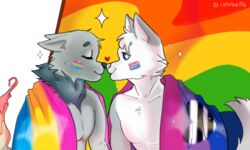  5:3 anthro arctic_fox bisexual_pride_colors black_nose blue_eyes bodypaint boop canid canine catrivaille closed_eyes colored duo ears_back ears_up eyebrows face_paint female_(lore) flag flag_(object) flag_(shape) flag_background flag_bodypaint flag_design fox fur grey_body grey_eyebrows grey_fur hair heart_flag heart_on_body heart_symbol implied_hand_holding lgbt_pride looking_at_another male maleherm_(lore) mammal multicolored_body multicolored_fur neck_tuft nose_boop paint painted_heart pansexual_pride_colors pink_nose pivoted_ears pride_color_bodypaint pride_color_face_paint pride_color_flag pride_colors rainbow_flag rainbow_pride_colors rainbow_pride_flag rainbow_symbol raised_tail riley_(disjachi) romantic romantic_couple shaded shared_heart simple_background smile sparkles striped_heart tail true_fox tuft tundra_snowpaw two_tone_body two_tone_fur wearing_flag white_background white_body white_fur white_hair 