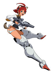  ahoge animal_ears ass beam_rifle blue_eyes commentary_request cosplay energy_gun female full_body gun gundam gundam_aerial gundam_aerial_(cosplay) gundam_suisei_no_majo highres holding holding_gun holding_weapon kemonomimi_mode mecha_musume no_pants open_mouth panties parody print_panties raccoon_ears raccoon_girl raccoon_tail red_hair shimotsuki_juugo short_hair simple_background smile solo striker_unit suletta_mercury tail underwear weapon white_background world_witches_series 