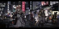  4girls absurdres anti-rain_(girls&#039;_frontline) ar-15 assault_rifle black_footwear black_gloves black_hair black_jacket black_skirt black_socks black_thighhighs braid breasts brown_eyes brown_hair car city closed_mouth commentary_request expressionless eyepatch fingerless_gloves girls&#039;_frontline gloves green_hair grey_gloves gun hair_between_eyes hair_ornament hand_in_pocket headgear headphones high_heels highres holding holding_gun holding_weapon jacket knee_pads letterboxed long_hair m16a1_(girls&#039;_frontline) m4_carbine m4_sopmod_ii m4_sopmod_ii_(girls&#039;_frontline) m4a1_(girls&#039;_frontline) mask motor_vehicle multicolored_hair multiple_girls particle_cannon_case pink_hair purple_eyes rain red_eyes red_hair rifle sidelocks skirt skull_mask socks st_ar-15_(girls&#039;_frontline) streaked_hair thighhighs weapon zhai 