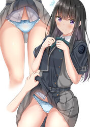  ass_visible_through_thighs bare_legs belt black_dress black_hair blue_belt blue_dress blue_panties blush bow bow_panties closed_mouth clothes_lift collared_shirt commentary_request dress dress_lift female green_ribbons grey_dress highres inoue_takina lifting_another&#039;s_clothes long_hair looking_at_viewer lycoris_recoil lycoris_uniform multiple_views neck_ribbon notice_lines panties pleated_dress pov pov_hands purple_eyes ribbon school_uniform shirt short_sleeves simple_background smile standing sunsun2812 thigh_gap thighs two-tone_dress underwear uniform white_background white_shirt 