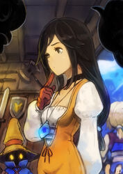  1other absurdres axe black_eyes black_hair blonde_hair blurry blurry_background bodysuit breasts choker cleavage female final_fantasy final_fantasy_ix finger_to_mouth garnet_til_alexandros_xvii gloves hat highres jewelry long_hair monkey_tail multiple_boys okuto orange_bodysuit pendant photoshop_(medium) profile shield short_hair small_breasts sword tail vivi_ornitier weapon zidane_tribal 