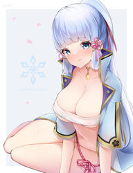  areola_slip blue_eyes blue_hair breasts character_name cleavage english_text female genshin_impact highres kamisato_ayaka large_breasts long_hair looking_at_viewer mole mole_under_eye navel open_clothes petals ponytail sarashi short_sleeves sidelocks sweatdrop thighs xlyami 