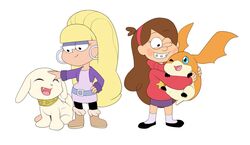  2015 adolescent ambiguous_gender bandai_namco blonde_hair blue_eyes blush braces brown_hair clothing crossover dabunnox digimon digimon_(species) disney ear_piercing eyelashes fangs female feral gravity_falls group hair hug human long_hair looking_down mabel_pines mammal open_mouth pacifica_northwest patamon piercing pink_nose ring salamon simple_background sitting standing teeth white_background wings young young_female young_human 