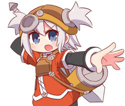  :o blue_eyes blush brown_hat commentary dress female grey_hair hair_between_eyes hair_through_headwear hat layered_sleeves long_sleeves looking_at_viewer naga_u open_mouth orange_dress outstretched_arm pratty short_over_long_sleeves short_sleeves simple_background solo summon_night summon_night:_swordcraft_story sword sword_behind_back two_side_up v-shaped_eyebrows weapon white_background 