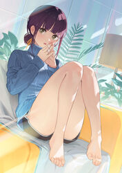  absurdres bandaid bandaid_on_hand bare_legs barefoot black_shorts blue_sweater blunt_bangs blush brown_eyes commentary_request convenient_leg couch ddal dolphin_shorts feet female hair_bun hair_ribbon highres indoors knees_together_feet_apart knees_up lamp legs light_rays long_sleeves looking_at_viewer nail_polish on_couch orange_ribbon original parted_lips pink_nails plant puffy_long_sleeves puffy_sleeves purple_hair ribbon short_shorts shorts sitting sleeves_past_wrists solo steepled_fingers sunbeam sunlight sweater toenails toes turtleneck turtleneck_sweater 