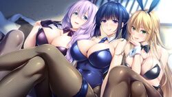  3girls amamiya_imari aqua_eyes black_gloves black_hair black_leotard blonde_hair blue_leotard bow bowtie braid breasts choco_chip cleavage crossed_legs detached_collar game_cg gloves green_eyes hair_over_shoulder head_rest huge_breasts leotard light_purple_hair looking_at_viewer multiple_girls nagaoka_rito necktie nee_nee_nee official_art open_mouth pantyhose photoshop_(medium) purple_eyes purple_leotard sitting smile strapless strapless_leotard takasu_yoshika wrist_cuffs 