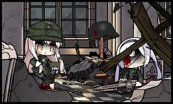  2girls bandage_over_one_eye bandaged_head bandages blood blood_on_face blood_splatter building bullet_hole can canned_food commentary corpse death dismemberment dresden eating empty_eyes english_commentary fork gewehr_43 girls&#039;_frontline grave gun hat headband kar98k_(girls&#039;_frontline) korean_commentary long_hair machine_gun mg42 mg42_(girls&#039;_frontline) military military_hat military_uniform mp40 multiple_girls rifle rubble ruins saru_(style) shaded_face sprite_art submachine_gun tearing_up the_mad_mimic twintails uniform weapon wehrmacht white_hair window world_war_ii 