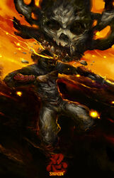  1boy absurdres battle collaboration commentary copyright_name damaged death debris demon distortion emmanuel_malin energy english_commentary fangs fire gameplay_mechanics highres joe_musashi katana logo magic male_focus monster motion_blur motion_lines ninja official_art original promotional_art realistic redesign rock shadow_dancer shinobi_(arcade) shinobi_(game) skull sword the_super_shinobi the_super_shinobi_ii weapon 