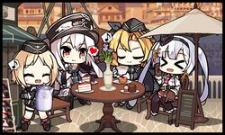  &gt;_&lt; 4girls black_gloves blonde_hair cake cake_slice chair commentary cup cupcake eating eighth_note english_commentary flower food fork g43_(girls&#039;_frontline) garrison_cap girls&#039;_frontline gloves hat heart jacket kar98k_(girls&#039;_frontline) korean_commentary long_hair long_sleeves magazine_(object) menu_board mg42_(girls&#039;_frontline) military military_hat military_uniform mp40_(girls&#039;_frontline) multiple_girls musical_note necktie open_mouth outdoors parasol peaked_cap pleated_skirt red_eyes saru_(style) short_hair shorts skirt spoken_heart spoken_musical_note sprite_art table teacup teapot the_mad_mimic town twintails umbrella uniform vase very_long_hair white_hair 