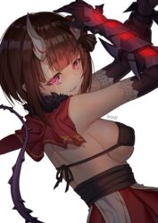  arm_guards artist_name bad_id bad_pixiv_id black_bra blunt_bangs bob_cut bra breasts broken_horn brown_hair capelet dress elbow_gloves eriko_(princess_connect!) female gloves goyain hands_up horns inverted_bob lace-trimmed_gloves lace_trim looking_at_viewer looking_back medium_breasts pink_eyes princess_connect! red_capelet red_dress short_hair sideboob simple_background solo spiked_tail tail two-tone_dress underwear white_background white_dress 