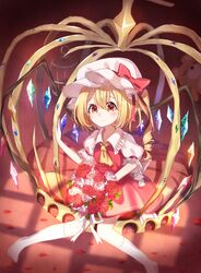  ametama_(runarunaruta5656) ascot bad_id bad_twitter_id blonde_hair bouquet bow closed_mouth collared_shirt commentary crown crystal female flandre_scarlet flower frilled_shirt_collar frills hat hat_bow highres holding holding_bouquet kneehighs looking_at_viewer medium_hair medium_skirt mob_cap one_side_up oversized_object petals pink_flower pink_rose puffy_short_sleeves puffy_sleeves red_bow red_eyes red_flower red_rose red_shirt red_skirt ribbon rose shirt short_sleeves single_horizontal_stripe sitting skirt smile socks solo stuffed_animal stuffed_toy teddy_bear touhou white_flower white_hat white_ribbon white_rose white_socks wings yellow_ascot 