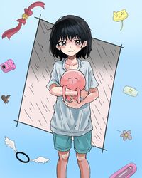  animal_hug black_hair blush closed_mouth female grey_eyes highres kuze_shizuka octopus shirt short_hair shorts smile strikes_empire t-shirt takopii takopii_no_genzai white_shirt 