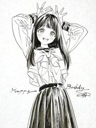  :d akebi-chan_no_serafuku akebi_komichi arms_up blush bow female fingernails greyscale happy_birthday head_tilt highres hiro_(dismaless) large_bow long_hair monochrome open_hands open_mouth roubai_academy_school_uniform_(old) school_uniform serafuku signature skirt smile solo teeth tongue traditional_media upper_teeth_only 