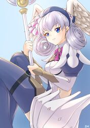  blue_eyes braid breasts crown_braid deekei feet_out_of_frame female grey_hair head_wings highres holding holding_staff juliet_sleeves long_sleeves medium_breasts melia_antiqua o-ring puffy_sleeves solo staff thighhighs wings xenoblade_chronicles:_future_connected xenoblade_chronicles_(series) xenoblade_chronicles_1 