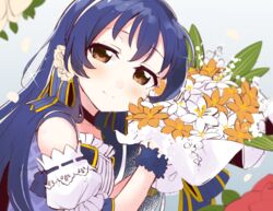  bad_id bad_twitter_id blue_hair blush bouquet commentary_request detached_sleeves female flower hair_between_eyes hair_flower hair_ornament holding holding_bouquet long_hair looking_at_viewer love_live! love_live!_school_idol_project simple_background smile solo sonoda_umi totoki86 white_flower yellow_eyes 