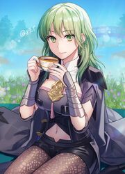  armlet armor black_armor black_coat black_shorts blue_sky bodice breasts brown_pantyhose bustier byleth_(female)_(fire_emblem) byleth_(fire_emblem) closed_mouth clothing_cutout coat commentary_request cup dagger day enlightened_byleth_(female) female fire_emblem fire_emblem:_three_houses flower green_eyes green_hair holding holding_cup knife long_hair looking_at_viewer medium_breasts navel navel_cutout outdoors pantyhose pantyhose_under_shorts patterned_legwear pink_flower plant purple_flower short_shorts short_sleeves shorts shoulder_armor sitting sky smile solo sunlight tassel tea teacup turtleneck twitter_username vambraces waist_cape weapon yamigo 