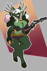  2:3 4_arms 4_ears anthro areola bandolier big_breasts bottomwear bra breasts clothed clothing covered_eye curvy_figure deer fa20xx female fur gesture green_body green_fur hair hand_gesture happy hi_res holster horn hotpants mammal multi_arm multi_ear multi_limb multifur nipples ranged_weapon shorts smile solo terra_(fluffygrass) underwear v_sign weapon white_eyes white_hair 