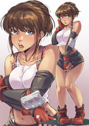  arm_warmers black_skirt blue_eyes boots borrowed_character breasts brown_hair collar commentary_request cosplay crop_top elbow_pads embarrassed female final_fantasy final_fantasy_vii fingerless_gloves freckles frown gloves jelly_shrimp medium_breasts midriff miniskirt multiple_views navel open_mouth original red_footwear red_gloves short_ponytail single_elbow_pad skirt skirt_tug suspender_skirt suspenders tank_top tifa_lockhart tifa_lockhart_(cosplay) white_tank_top 