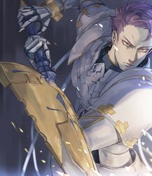  1boy armor arondight_(fate) cape close-up fate/grand_order fate_(series) fighting_stance gauntlets glitter holding holding_sword holding_weapon knight lancelot_(fate/grand_order) looking_at_viewer male_focus purple_eyes purple_hair short_hair solo sword upper_body weapon yepnean 