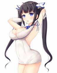  armpits arms_up black_hair breasts dungeon_ni_deai_wo_motomeru_no_wa_machigatteiru_darou_ka female hestia_(danmachi) kirimoti34 large_breasts long_hair long_twintails looking_at_viewer navel parted_lips rei_no_himo see-through showing_armpits simple_background solo thighs tied_hair twintails very_long_hair white_background 